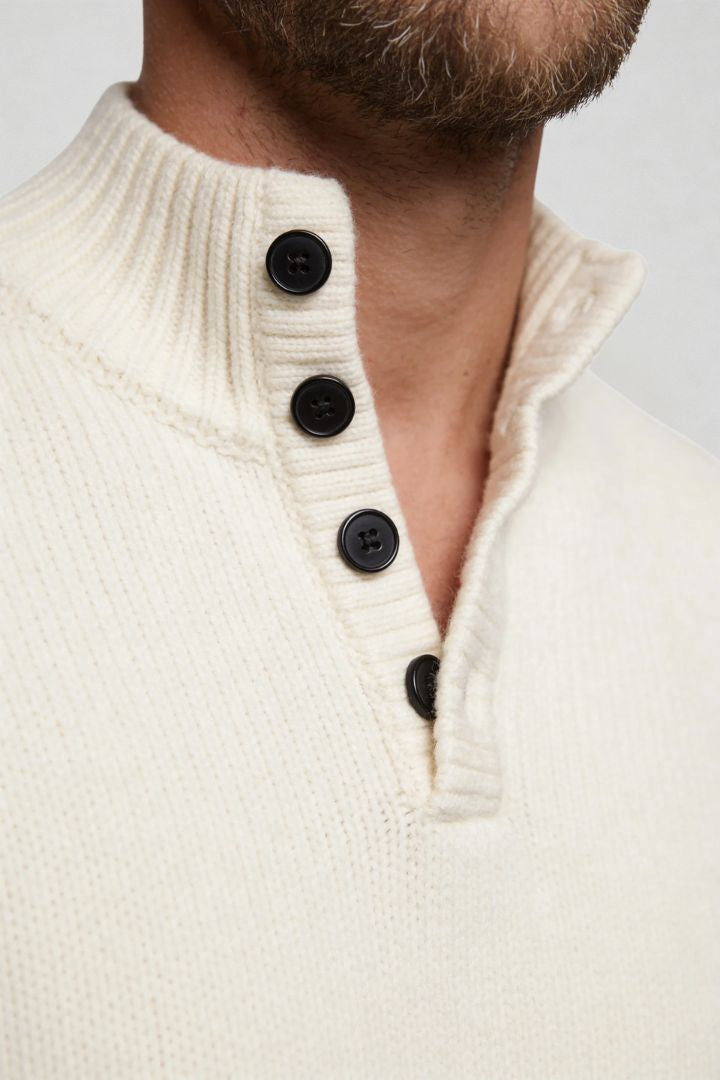 Lavencio Men’s pure wool white sweater tailored button neck knit close up