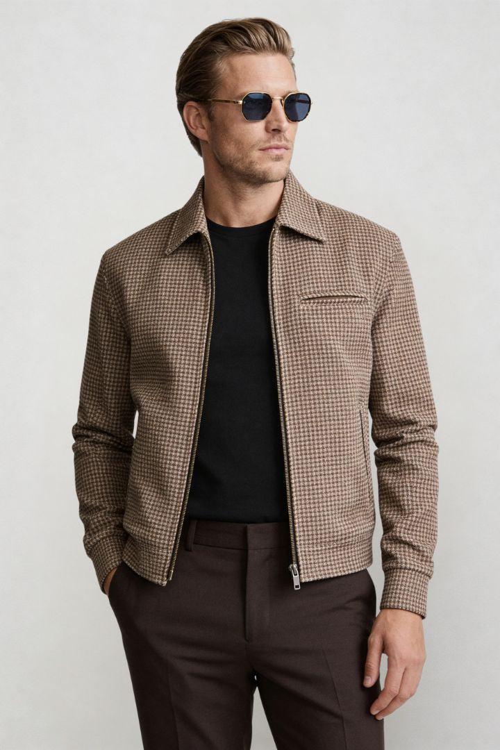 men brown checkered zip jacket tailored fit