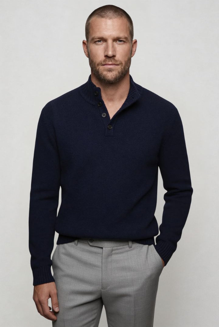Lavencio Men’s pure wool navy sweater tailored button neck knit