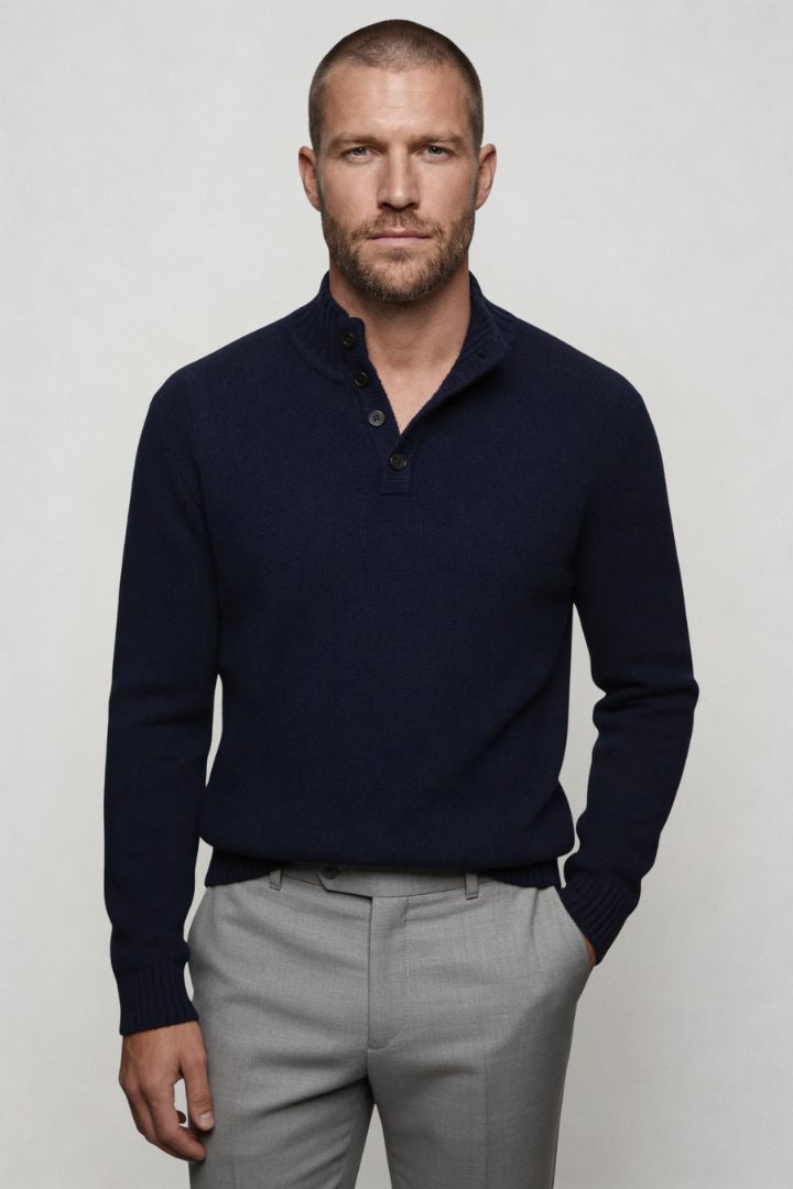 Lavencio Men’s pure wool navy sweater tailored button neck knit