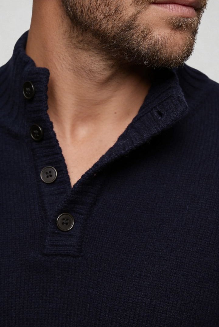 Lavencio Men’s pure wool navy sweater tailored button neck knit close up