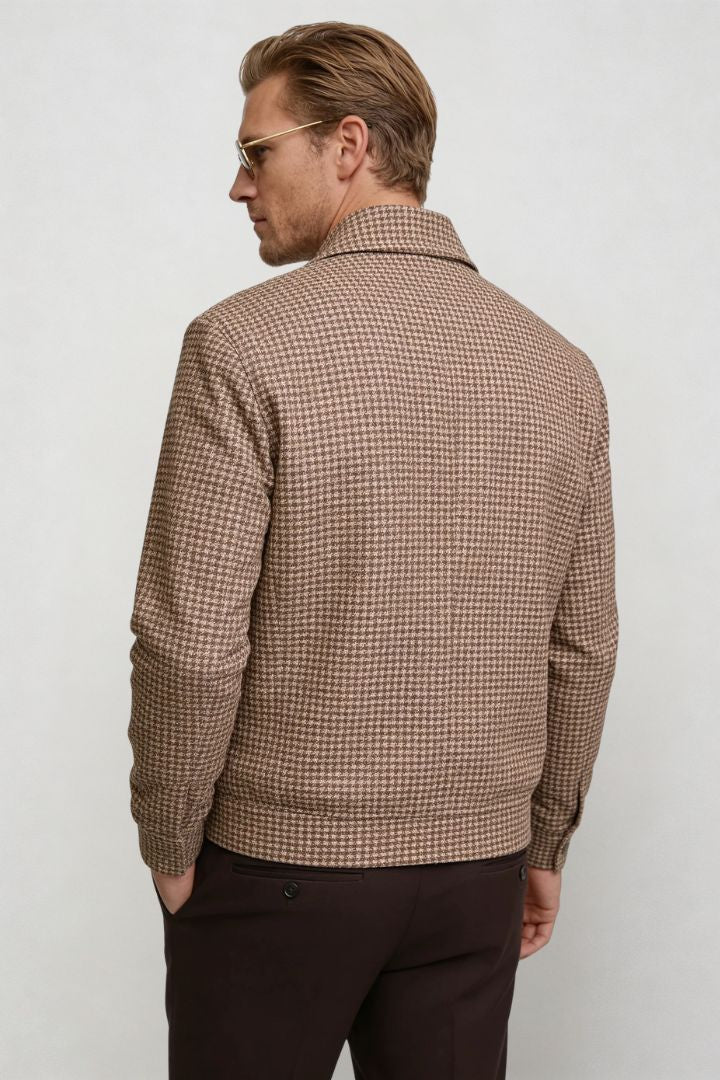 men brown checkered zip jacket tailored fit back view