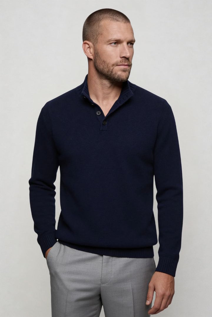 Lavencio Men’s pure wool navy sweater tailored button neck knit side pose