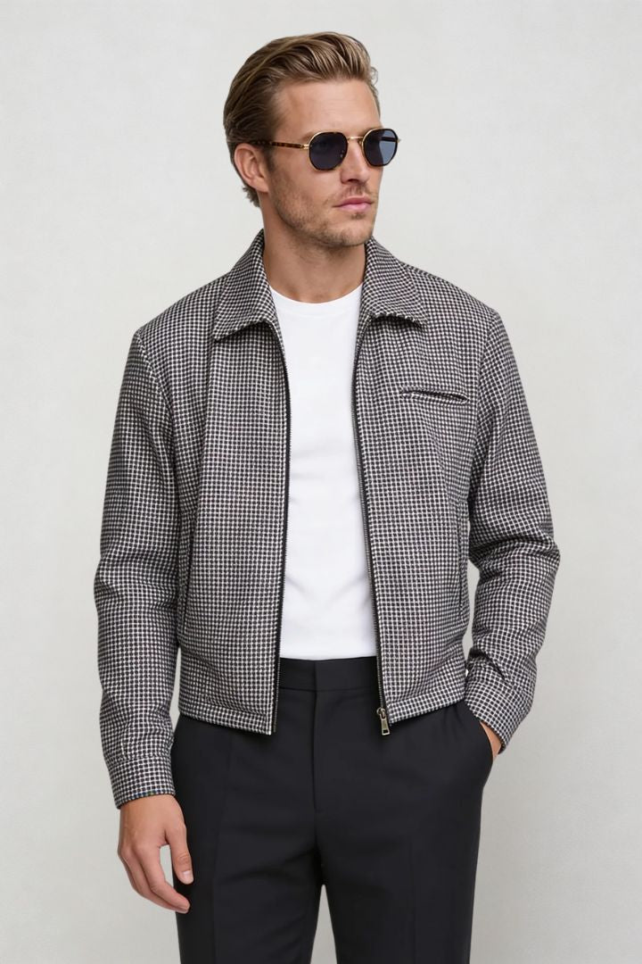 men black checkered zip jacket tailored fit smart casual style front view