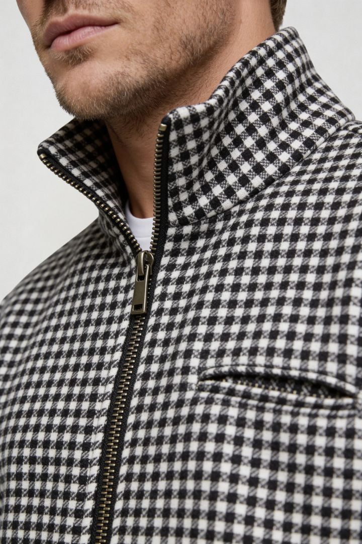 men black checkered zip jacket tailored fit close-up smart casual style