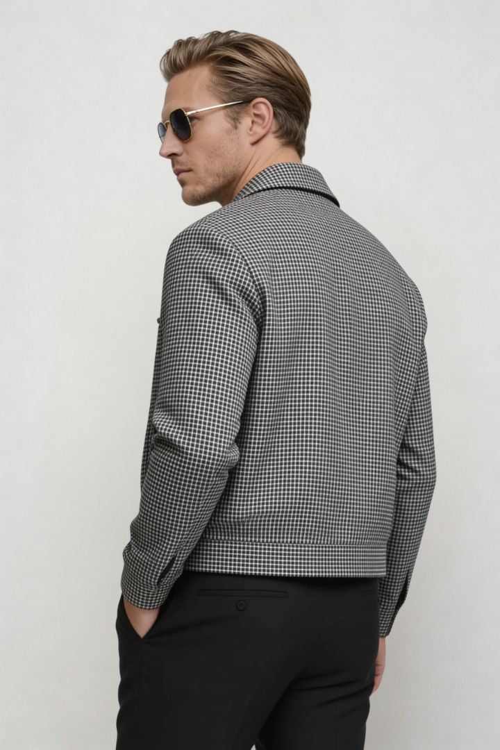 men black checkered zip jacket tailored fit back view
