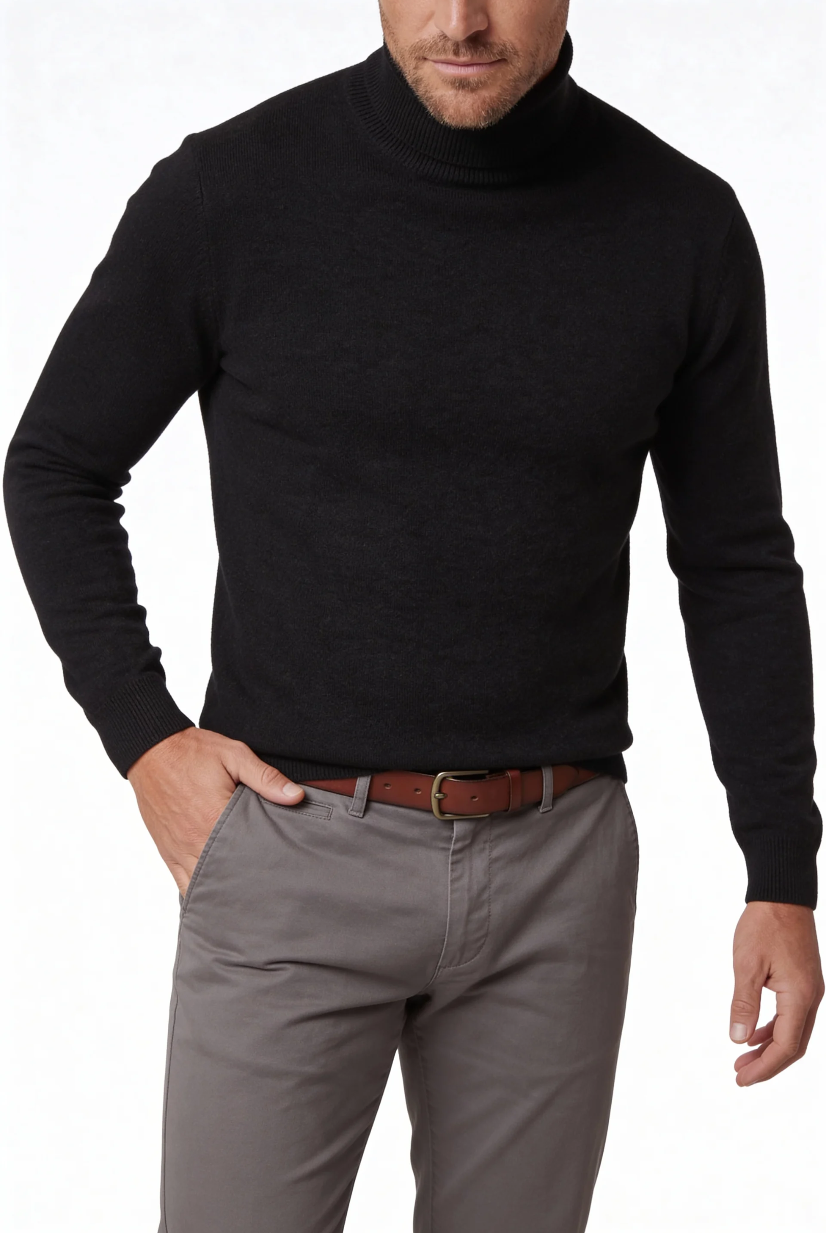 man wearing the premium men’s black merino wool turtleneck sweater from Lavencio