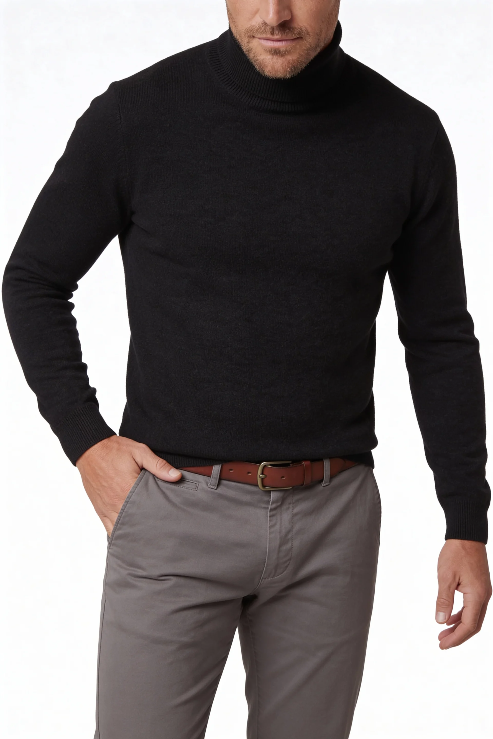 man wearing the premium men’s black merino wool turtleneck sweater from Lavencio