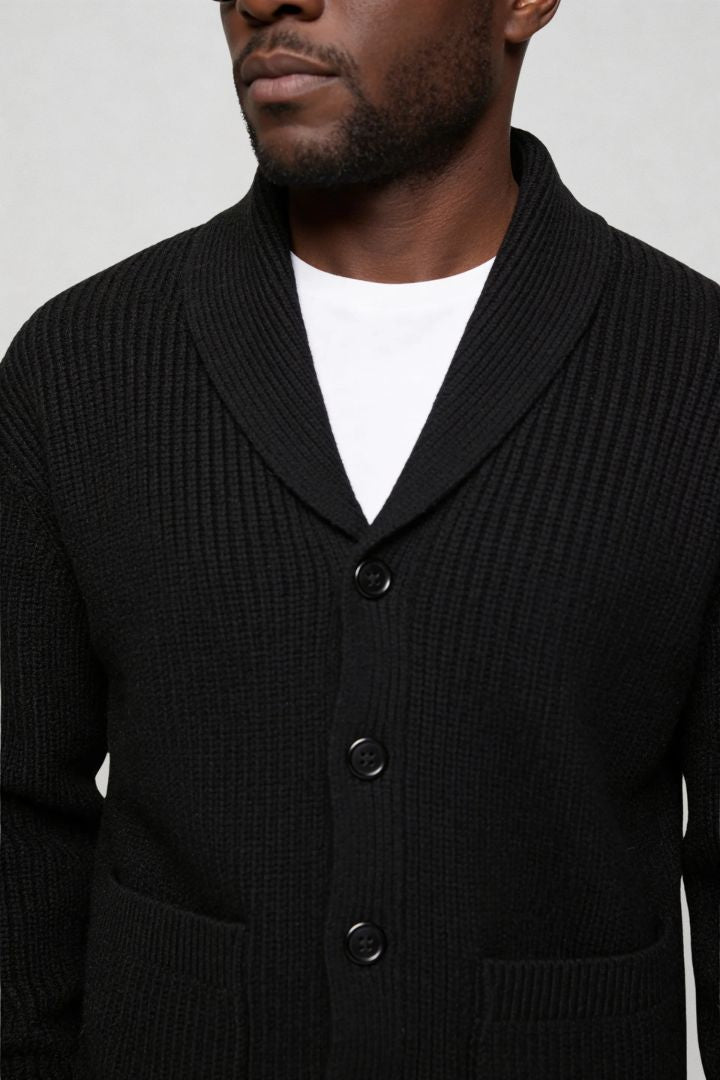 men shawl collar cotton cardigan in black close-up smart casual style