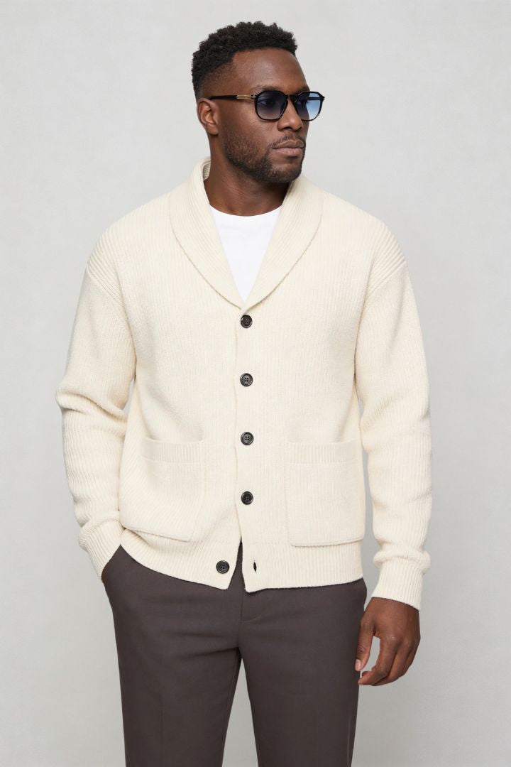 men shawl collar cotton cardigan in white front view