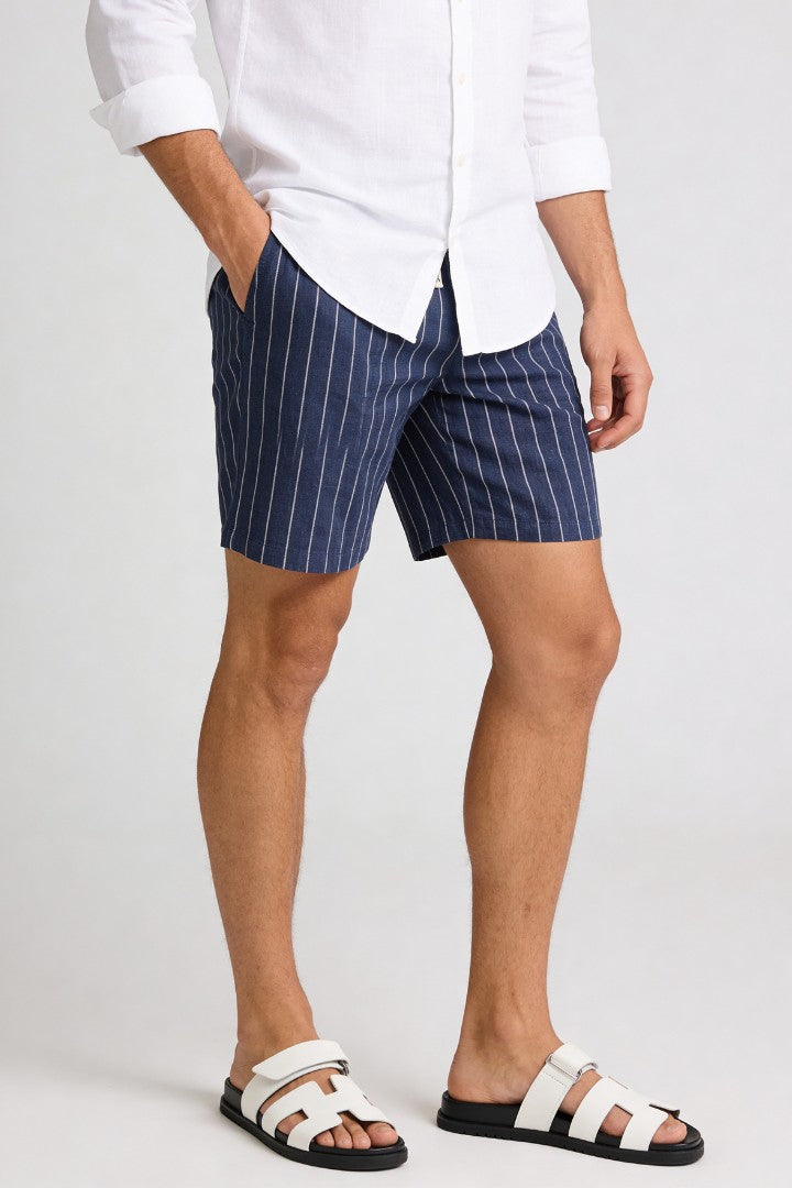 Men’s navy linen stripe shorts with drawstring waist and relaxed breathable summer fit