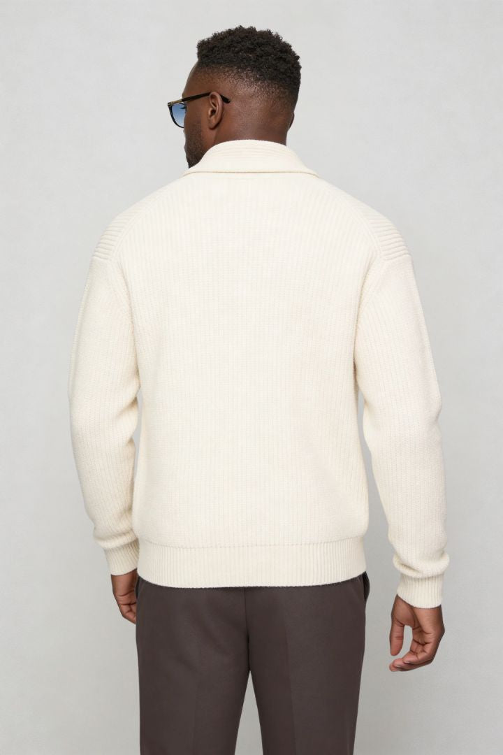 men shawl collar cotton cardigan in white back view
