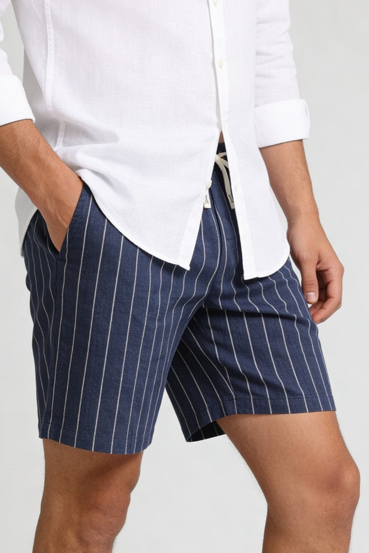 Men’s navy linen stripe shorts with drawstring waist and relaxed breathable summer fit close-up