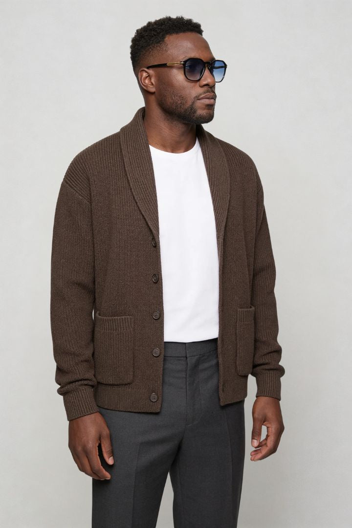 men shawl collar cotton cardigan in brown front view - Smart Casual style
