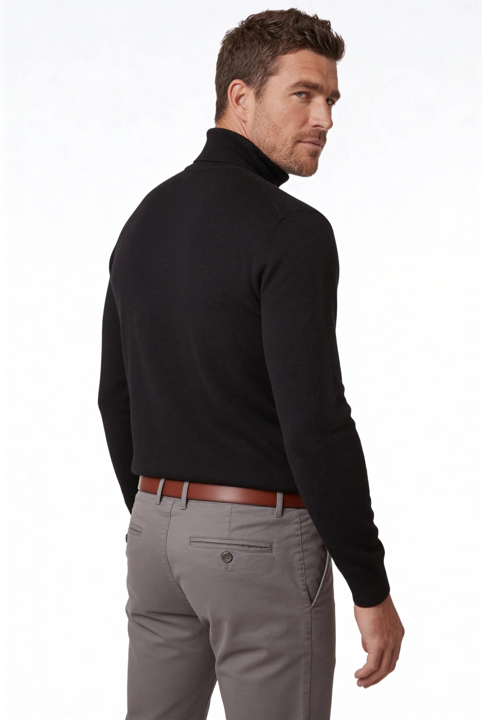 man wearing the premium men’s black merino wool turtleneck sweater from Lavencio