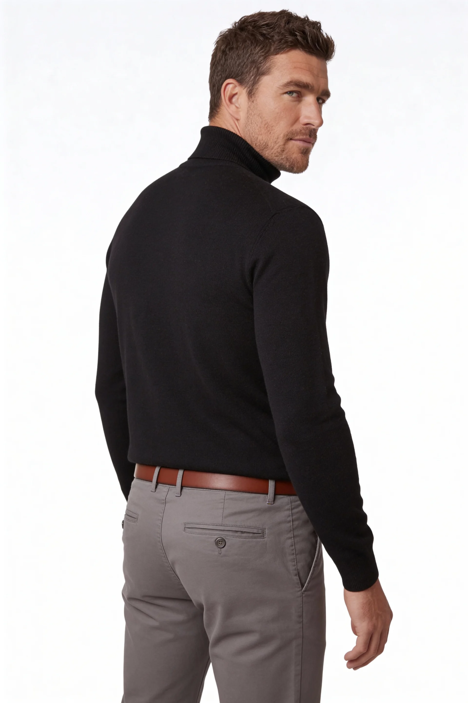 man wearing the premium men’s black merino wool turtleneck sweater from Lavencio