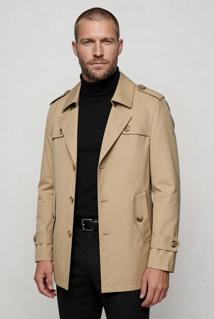 men’s beige mid-length tailored coat smart casual trench jacket structured fit front view