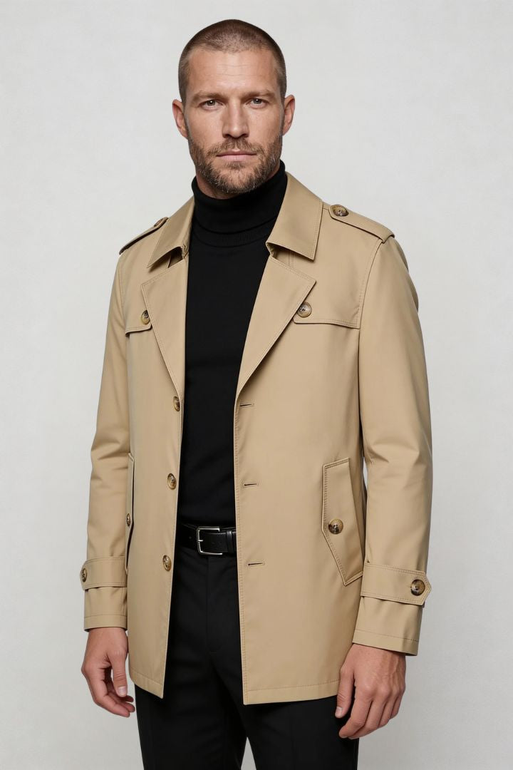 men’s beige mid-length tailored coat smart casual trench jacket structured fit front view