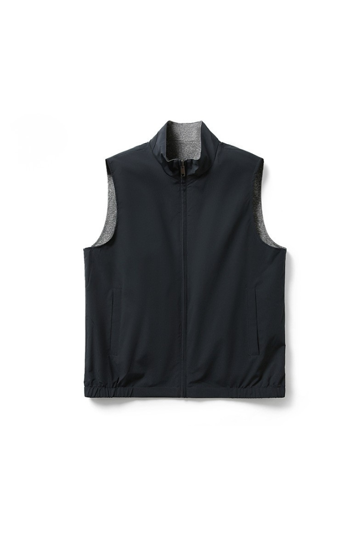 Navy sleeveless jacket with gray accents on a white background