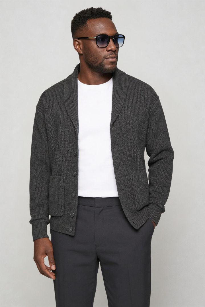 men shawl collar cotton cardigan in charcoal gray