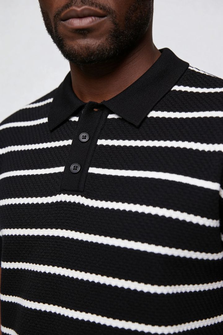 Men’s striped knit polo slim fit viscose summer sweater polo shirt detail close up