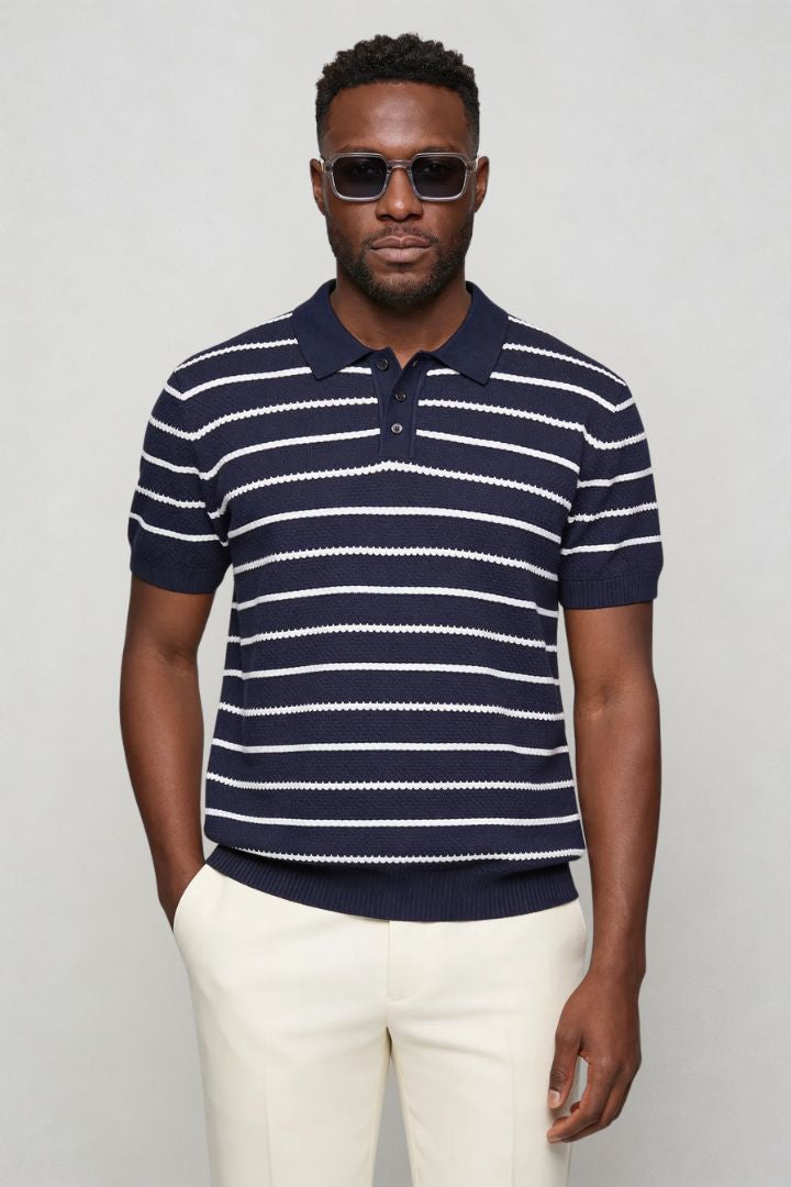 Men’s striped knit navy polo slim fit viscose summer sweater polo shirt front