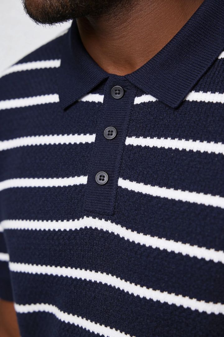 Men’s striped knit navy polo slim fit viscose summer sweater polo shirt detail close up