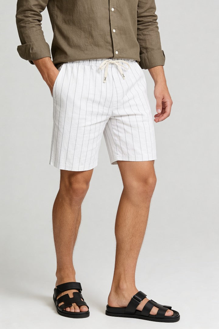 Men’s white linen stripe shorts with drawstring waist and relaxed breathable summer fit