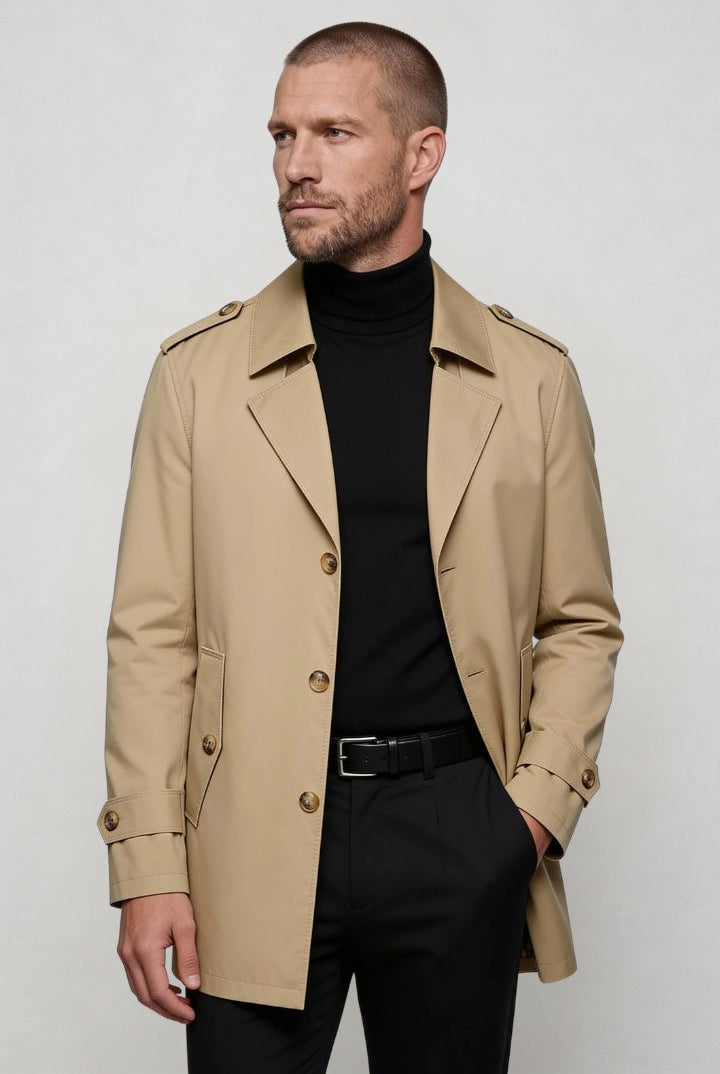 men’s beige mid-length tailored coat smart casual trench jacket structured fit front pose