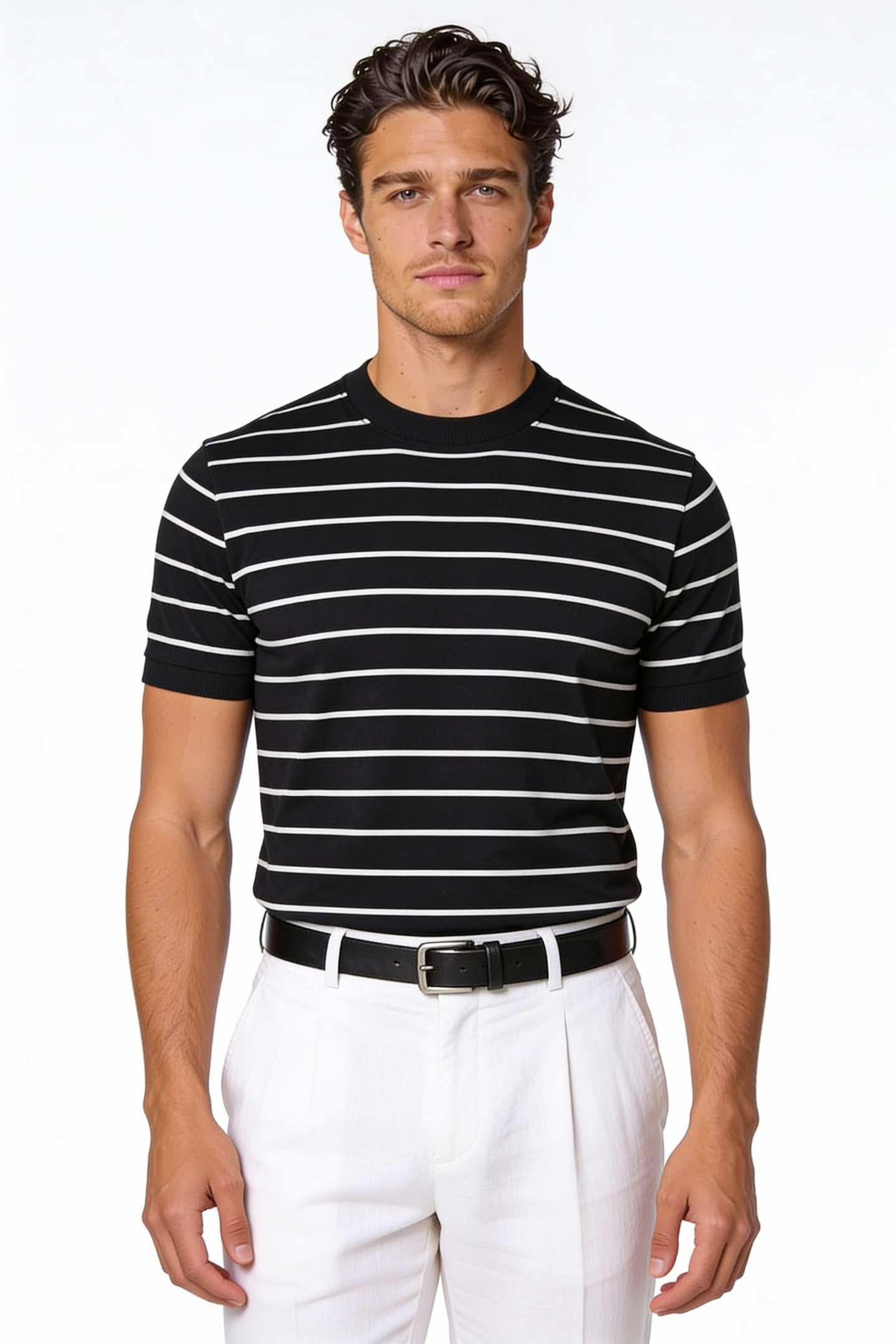 Man wearing the Blake Striped Lyocell T-Shirt with a clean striped design and lightweight fabric in a studio setting.