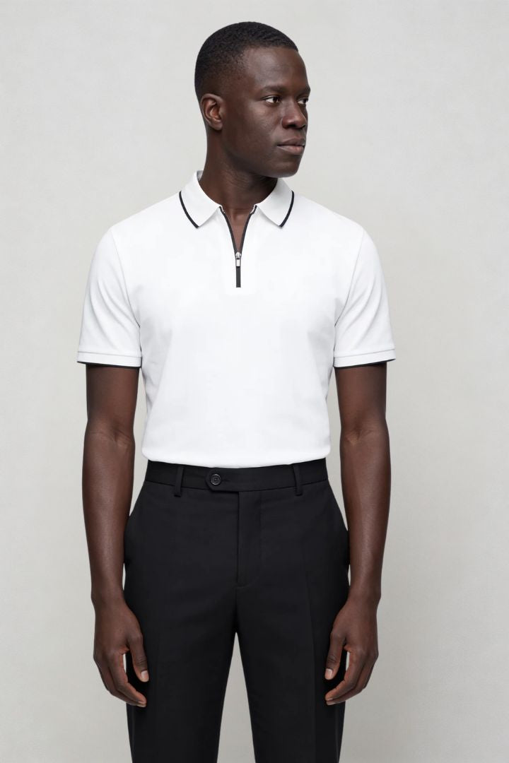 Men’s white half zip polo shirt slim fit short sleeve with contrast trim collar