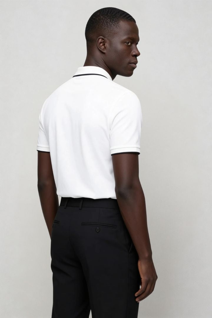 Men’s white half zip polo shirt slim fit short sleeve with contrast trim collar back view