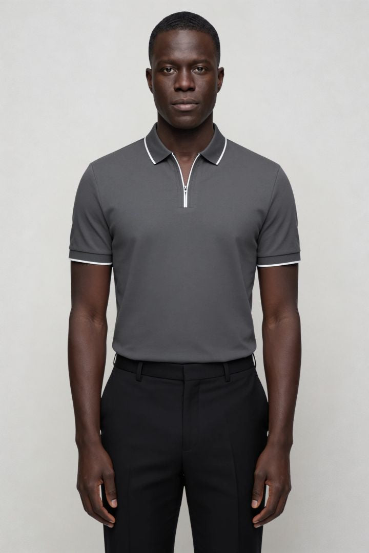 Men’s charcoal half zip polo shirt slim fit short sleeve with contrast trim collar