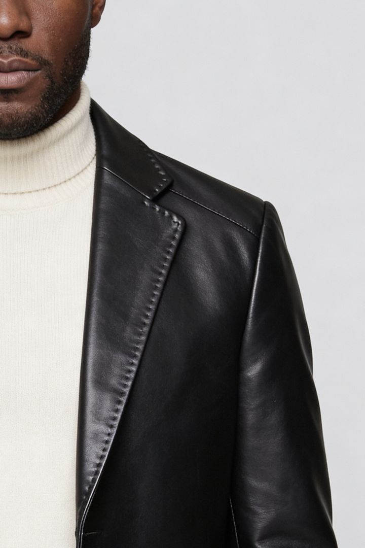 Men’s tailored vegan leather blazer slim fit structured dress jacket detail