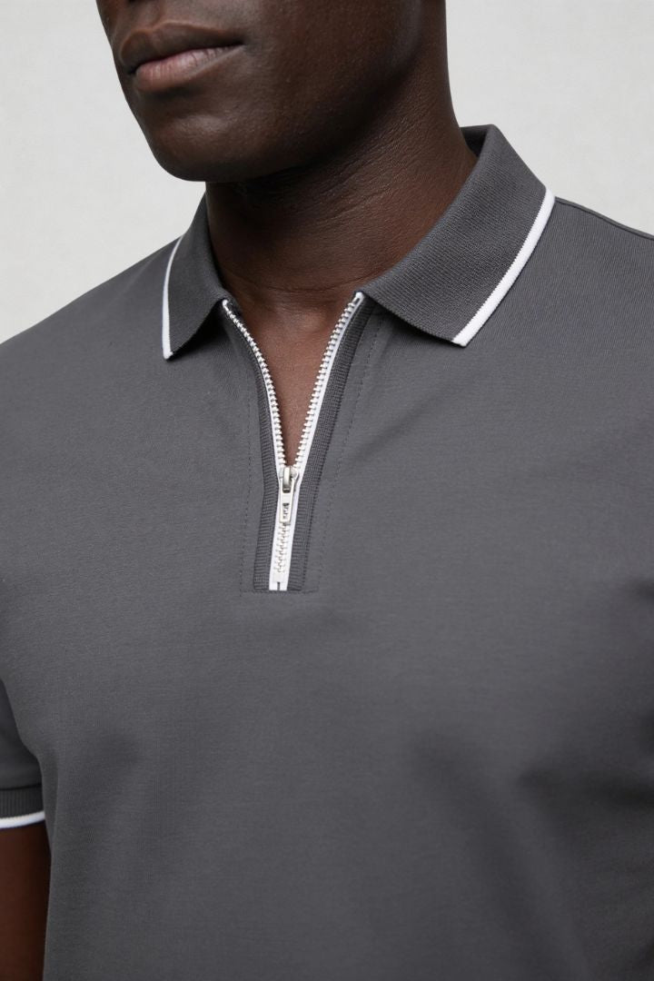 Men’s charcoal half zip polo shirt slim fit short sleeve with contrast trim collar close-up