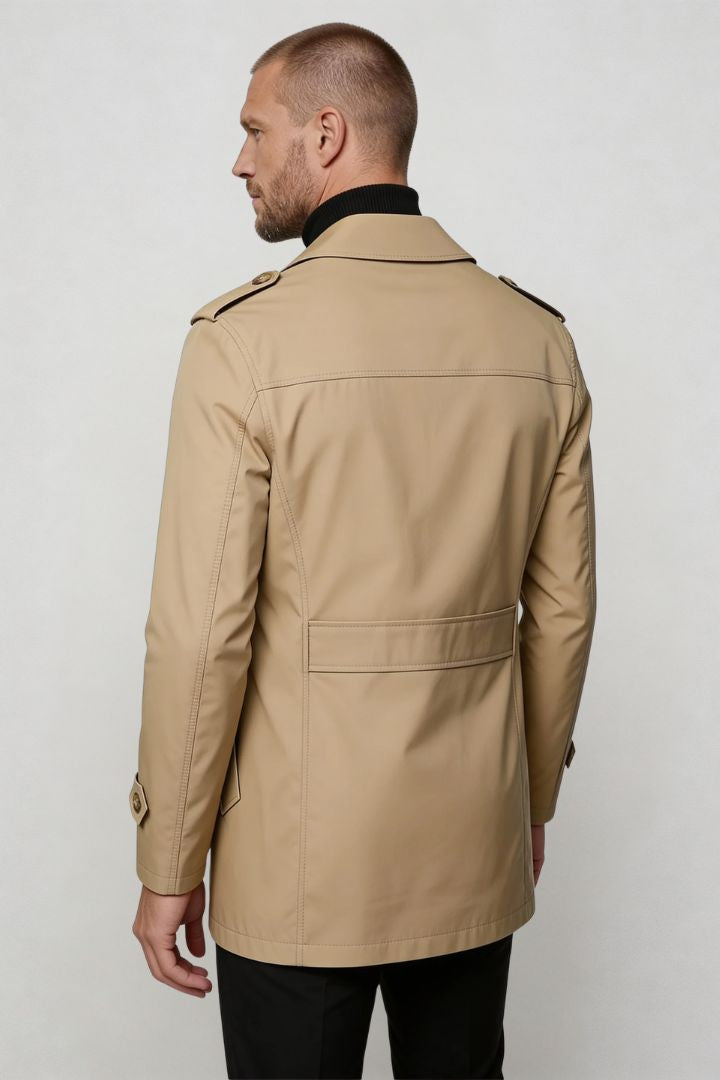 men’s beige mid-length tailored coat smart casual trench jacket structured fit back view