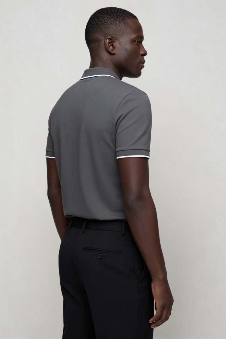 Men’s charcoal half zip polo shirt slim fit short sleeve with contrast trim collar back view