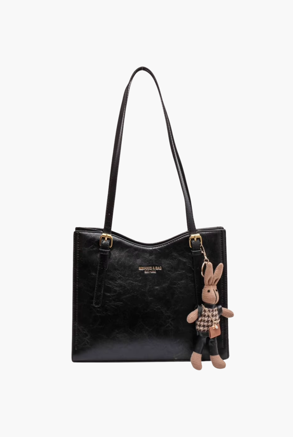 Black vegan-leather women’s shoulder bag—medium tote with long straps, front view.