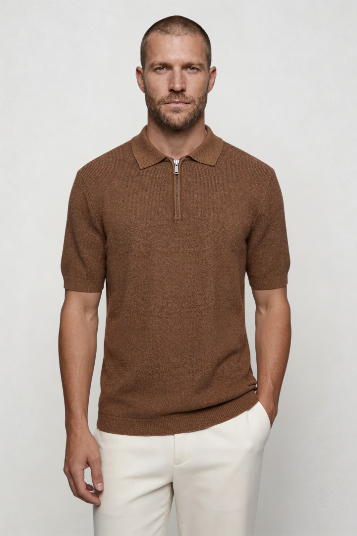 Henry Zip Knit Polo - Brown