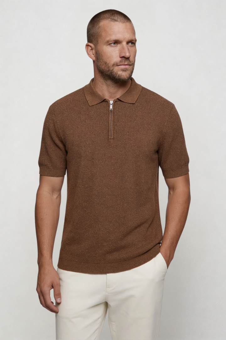 Henry Zip Knit Polo - Brown
