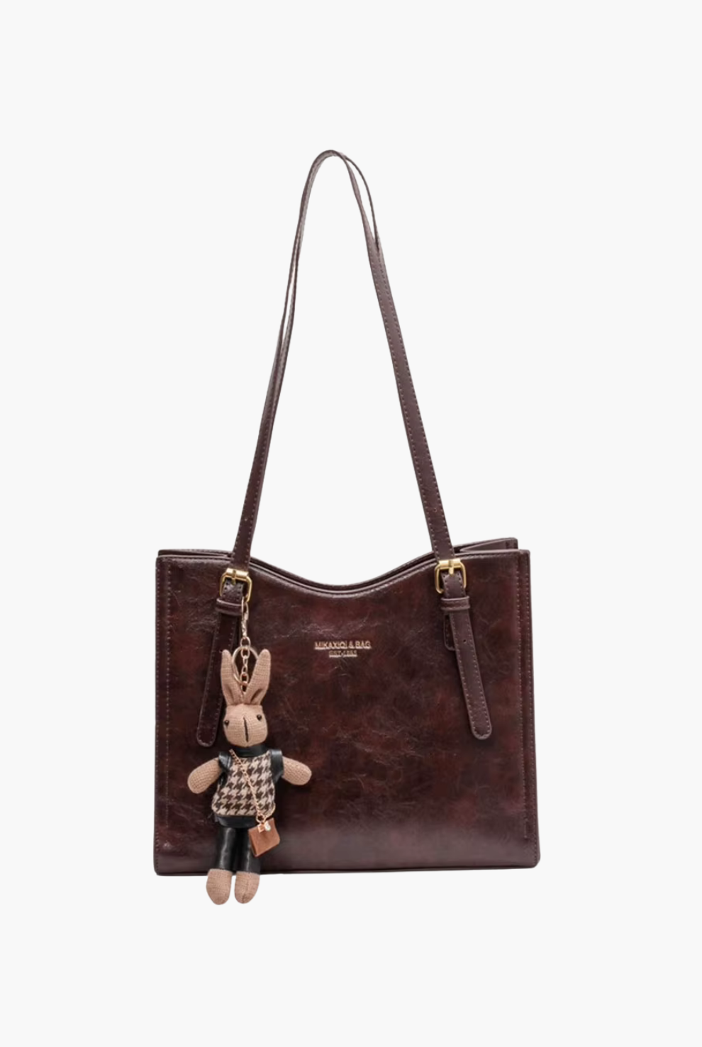 Women’s brown vegan-leather shoulder bag—medium tote with long straps, front view.