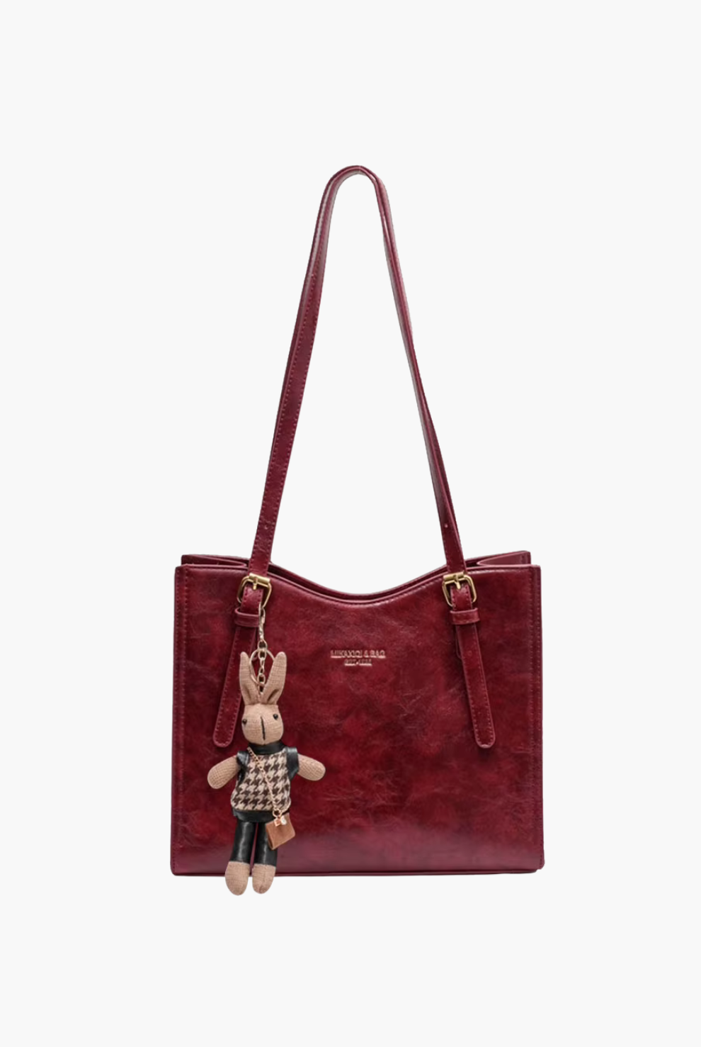 Burgundy vegan-leather women’s shoulder bag—medium tote, front view.