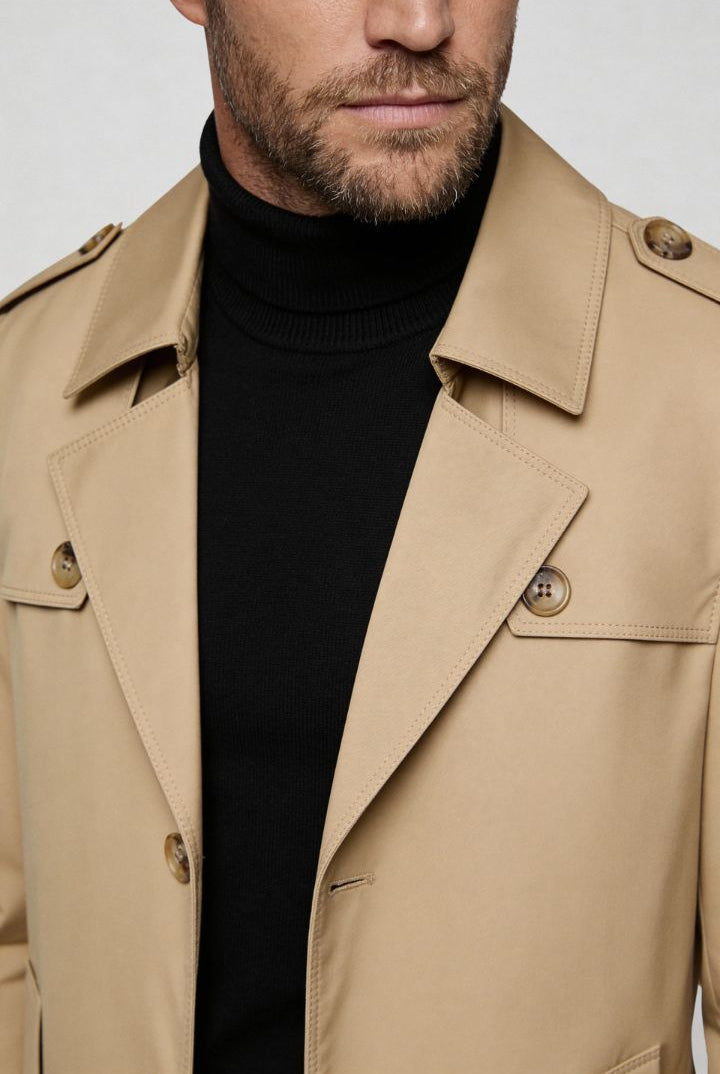 men’s beige mid-length tailored coat smart casual trench jacket structured fit close-up