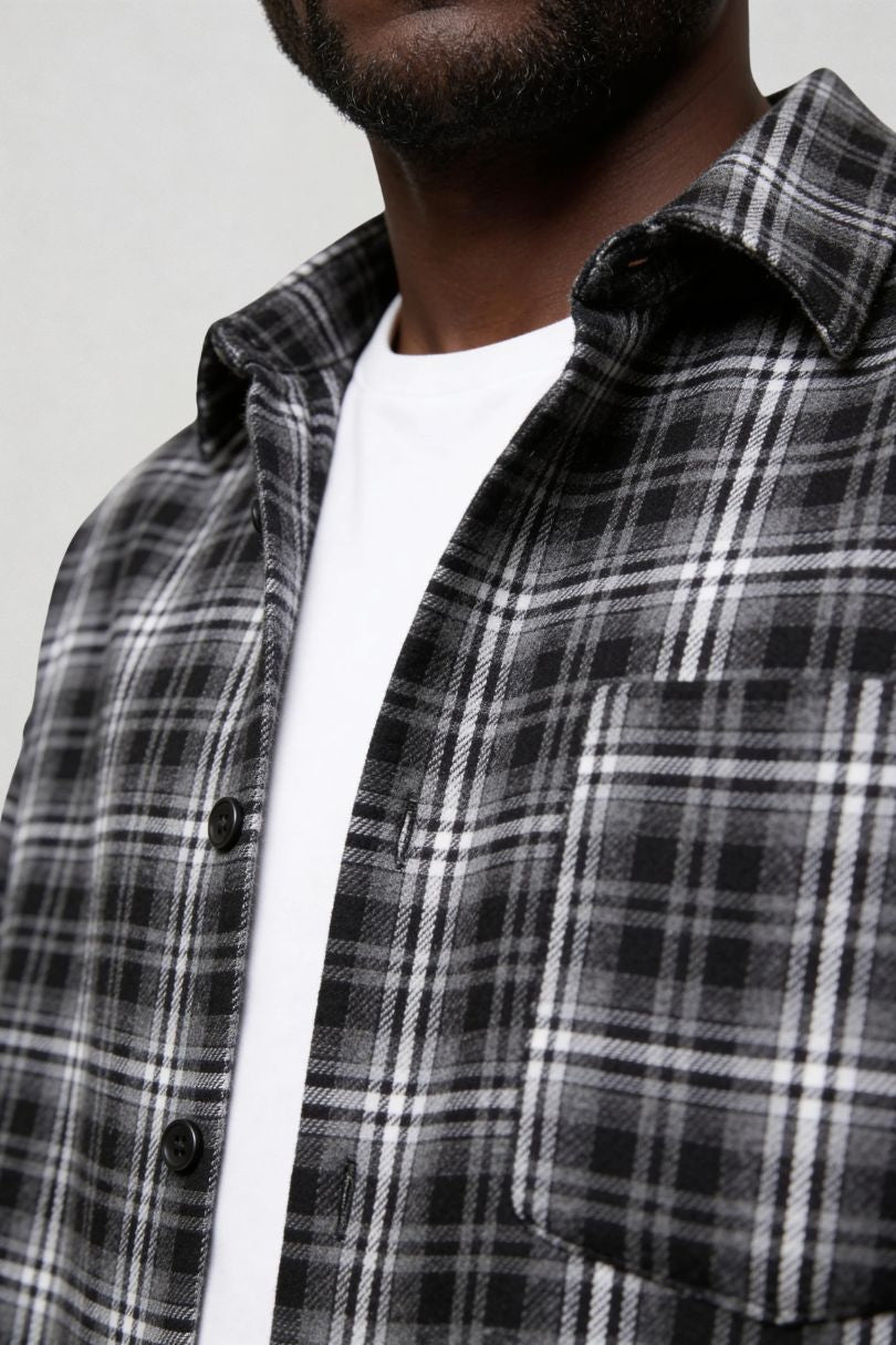 Men's black plaid button shirt worn as casual overshirt close-up
