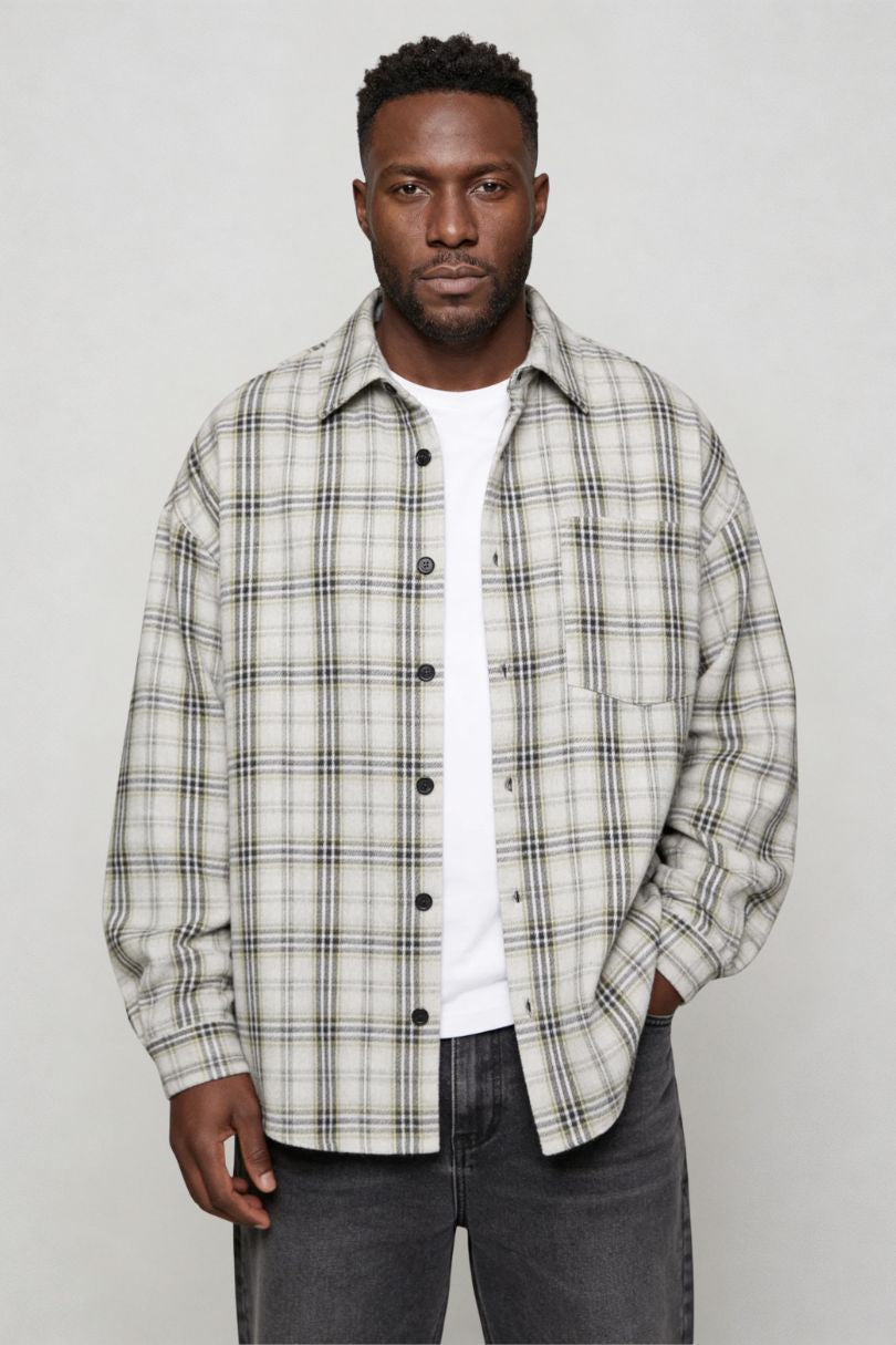 Men's light plaid button shirt casual overshirt front view