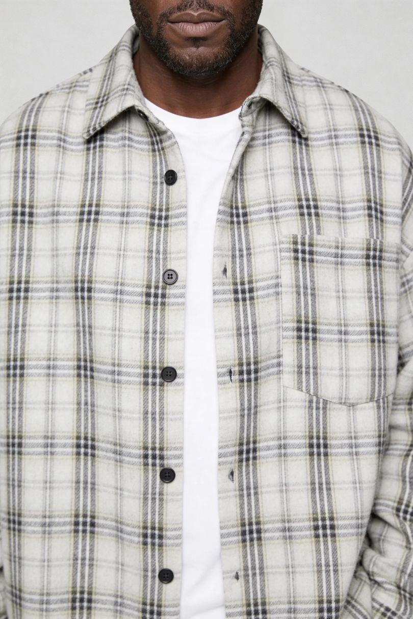 Men's light plaid button shirt casual overshirt close-up
