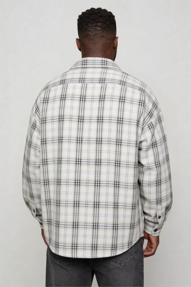 Men's light plaid button shirt casual overshirt back view