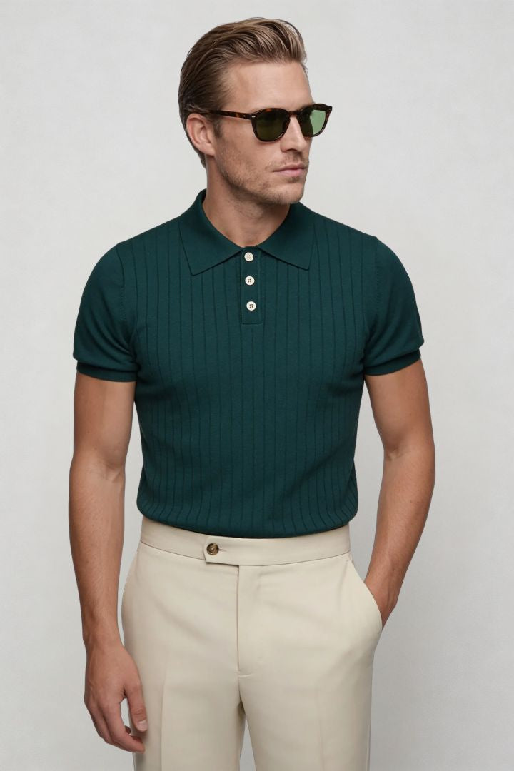 men emerald green ribbed knit polo shirt slim fit