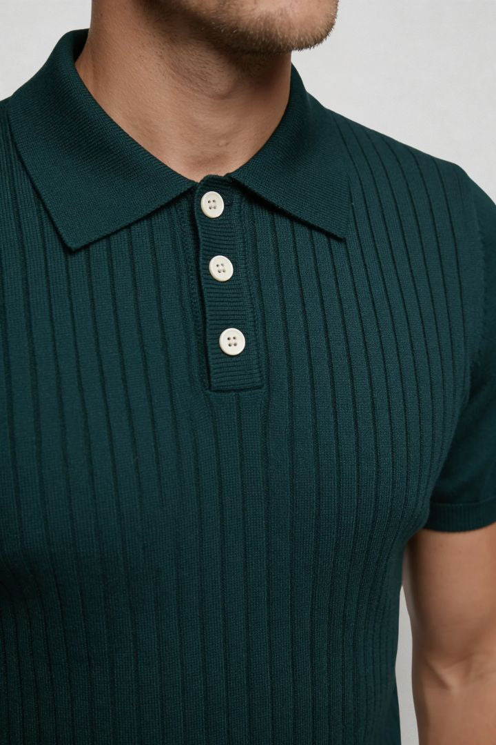 men emerald green ribbed knit polo shirt slim fit close-up