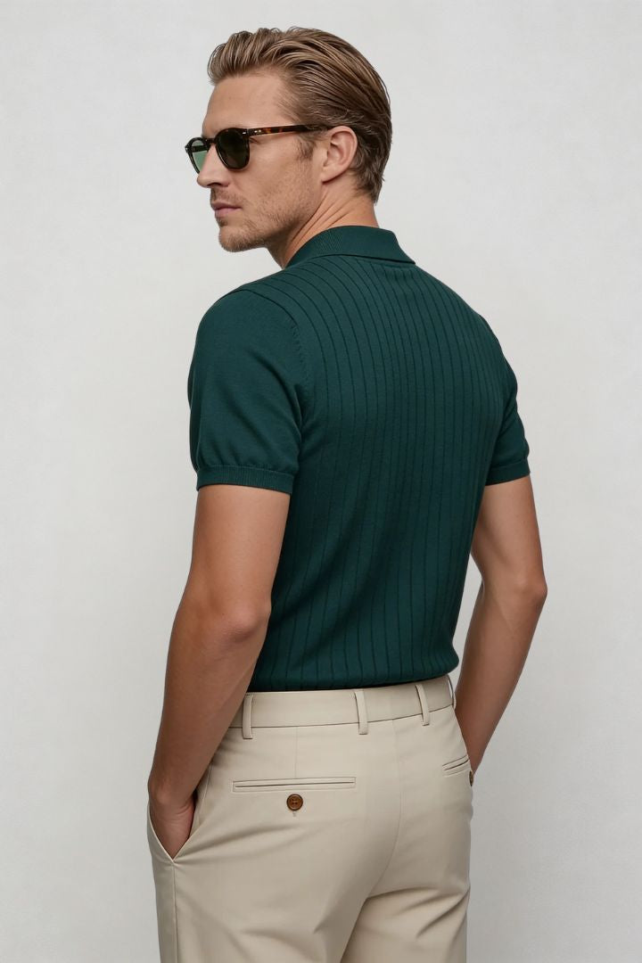 men emerald green ribbed knit polo shirt slim fit back view